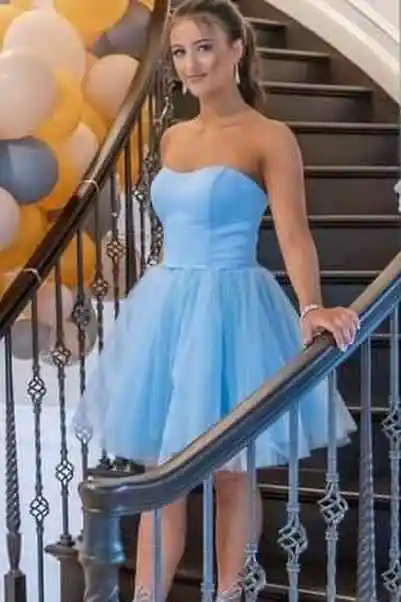 

Vintage Short Strapless Light Blue Tulle Evening Dresses A-Line Sleeveless Knee Length Lace Up Back Formal Party Dress for Wome