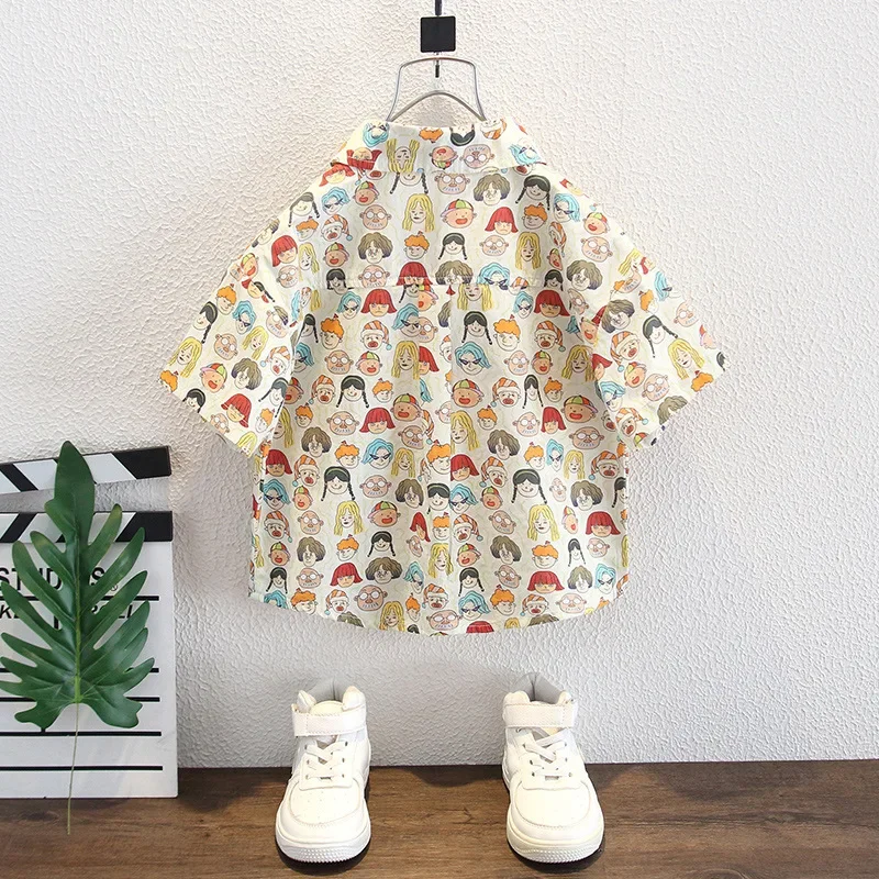 Boys Summer Short Sleeve Shirt Thin Print Fashionable Cartoon Top for Children Hot Sale Of The Season Male Kid's Clo