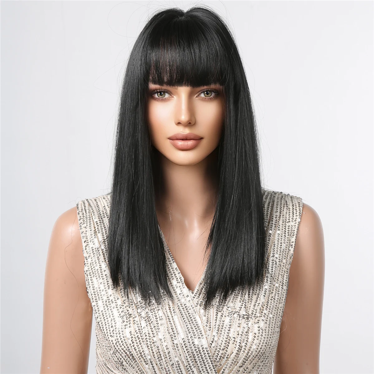 Natural Black Straight Synthetic Wigs with Bangs Medium Length
