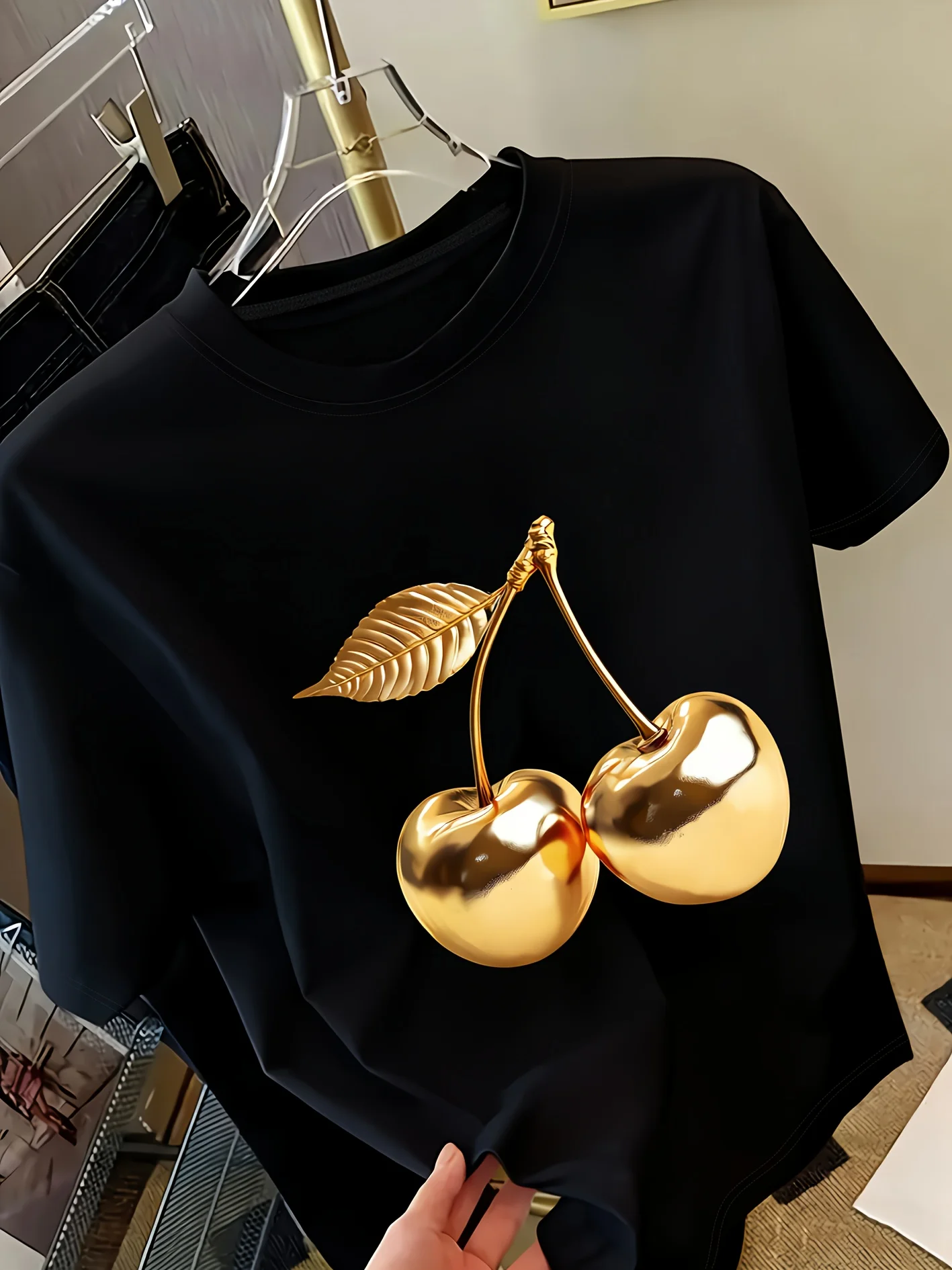 Golden Cherry Print Women Short Sleeve T-Shirt Stylish Casual Tee a Sense of Elegance Versatile Top for Women Minimalist Design 2
