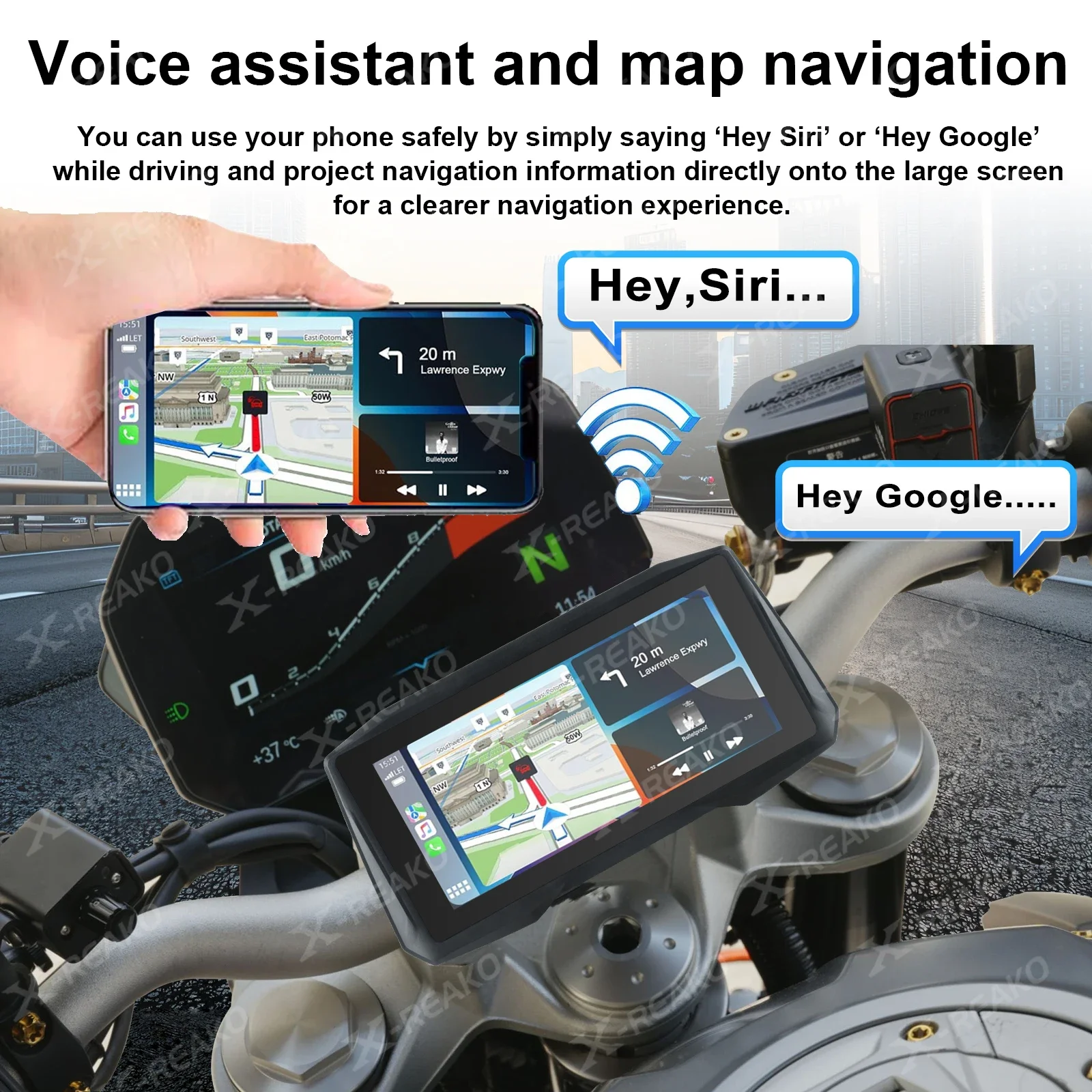 X-REAKO 6.86-inch MP5 Motorcycle Portable PND Voice Assistant Android Auto&Carplay DVR GPS Bluetooth HD Touch Screen TPMS