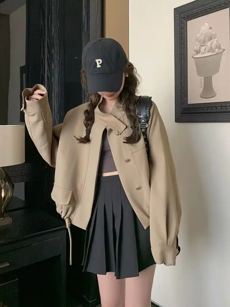 

2023 Spring and Autumn New Korean Style Women's Jacket Work Suit Short Coat Drawstring Hem Button Fly Female Loose Outwear Khaki