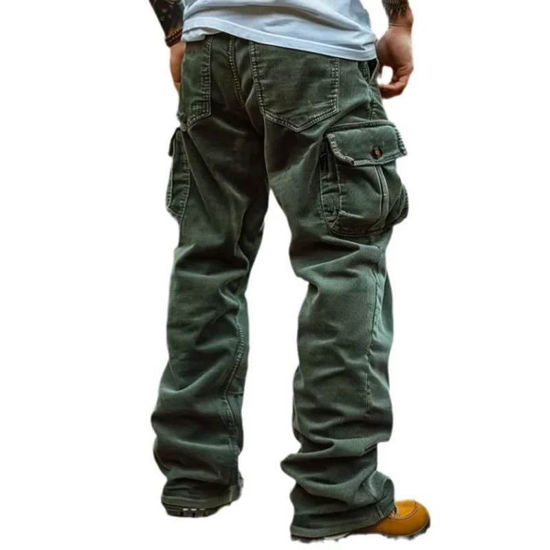 Corduroy Casual 2024 Autumn Retro Loose Tooling Pockets Elastic Windproof Design Trousers Cargo Pants Men 5