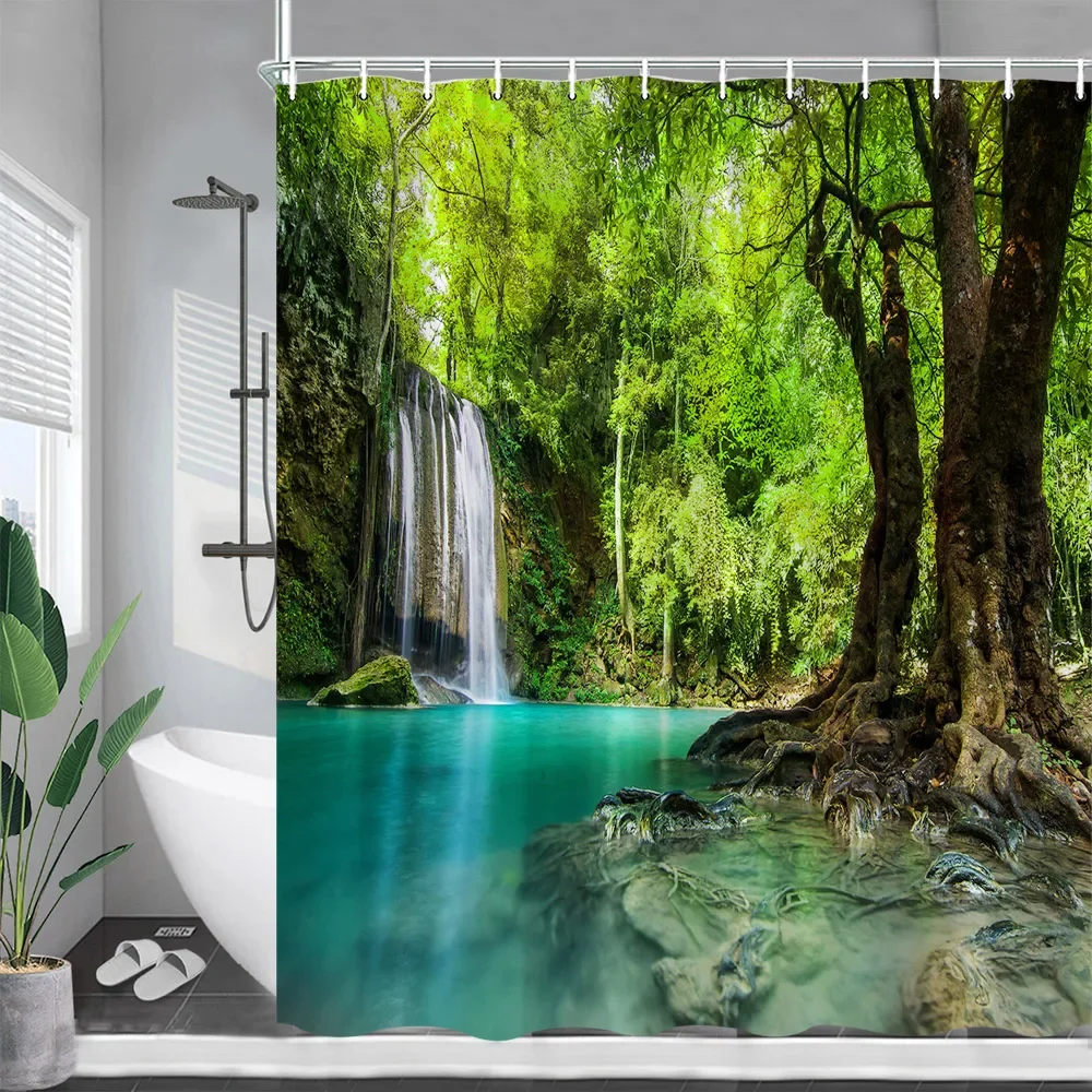 

Forest Waterfall Shower Curtains Spring Green Trees Nature Landscape Bath Curtain Garden Wall Hanging Bathroom Decor with Hooks