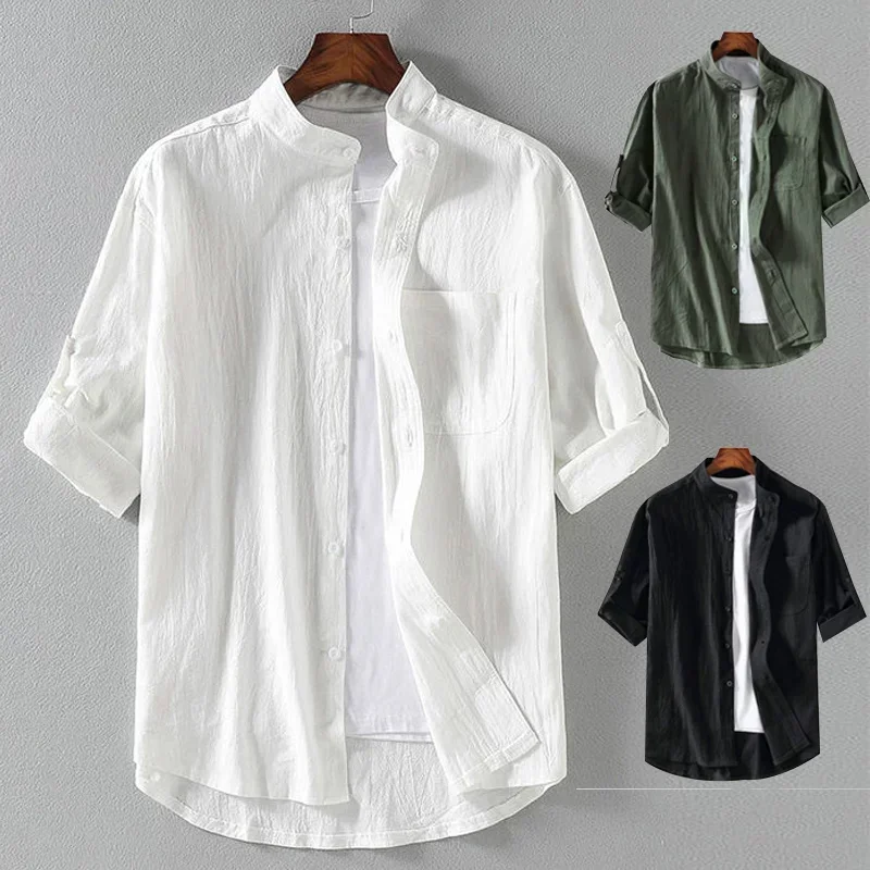 

Spring and Summer Stand Collar Five-point Mid-sleeve Fashionable Men's Short-sleeved Shirt Seven-point Sleeve Large Size Men's