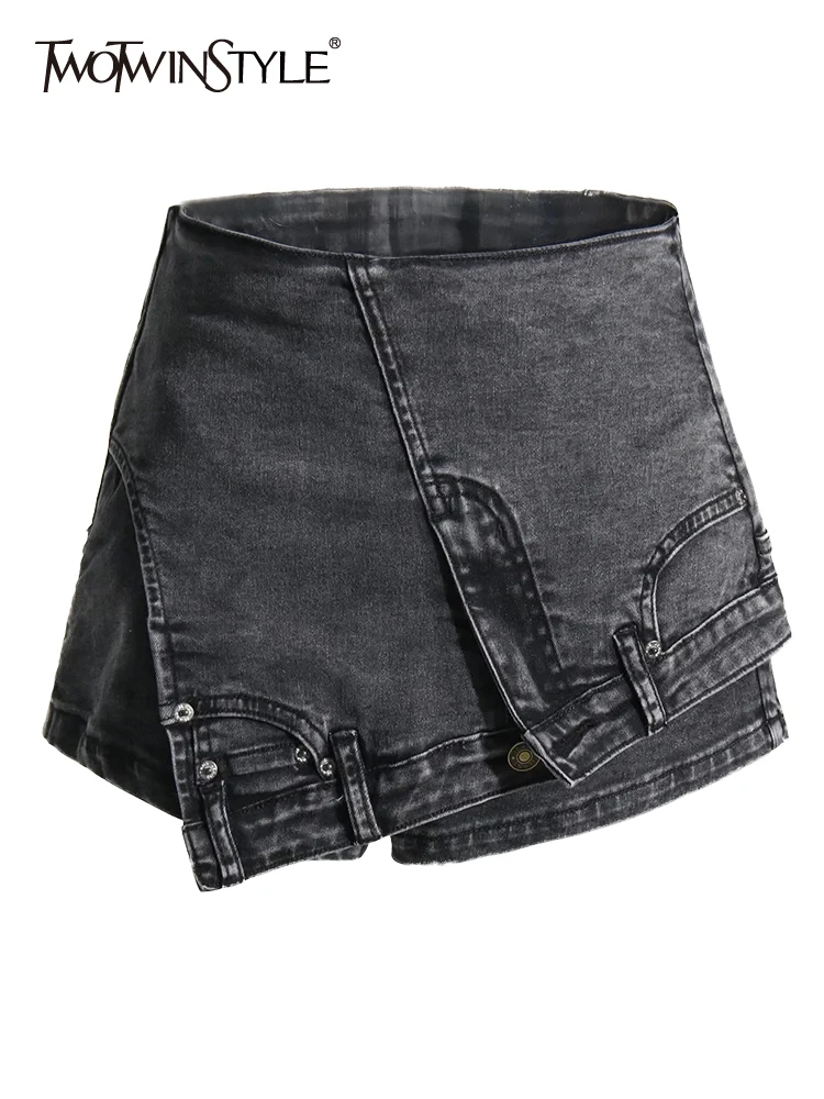 

TWOTWINSTYLE Solid Asymmetrical Denim Shorts For Women High Waist Patchwork Pockets Streetwear Designer Short Pants Female New