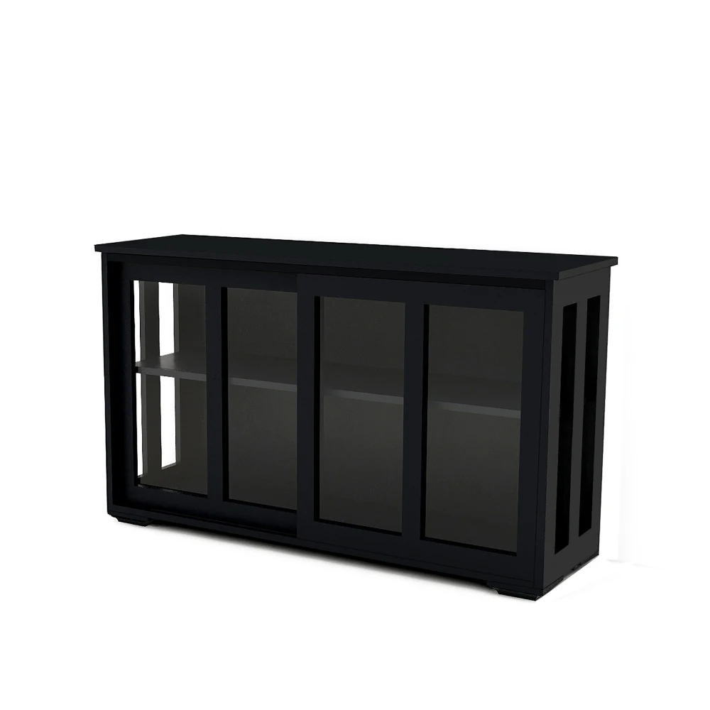 Kitchen Storage Stand Cupboard with Glass Door-Black Shaped Industrial Freestanding Floor Bar Cabinets Liquor Glasses Storage