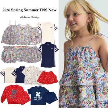 Collezione di Magliette Sportive per Bambini Primavera-Estate 26 TNS Nuova Maglietta POLO con Stampa Floreale Completa e Gonna a Bretelle per Ragazze, T-shirt a Maniche Corte