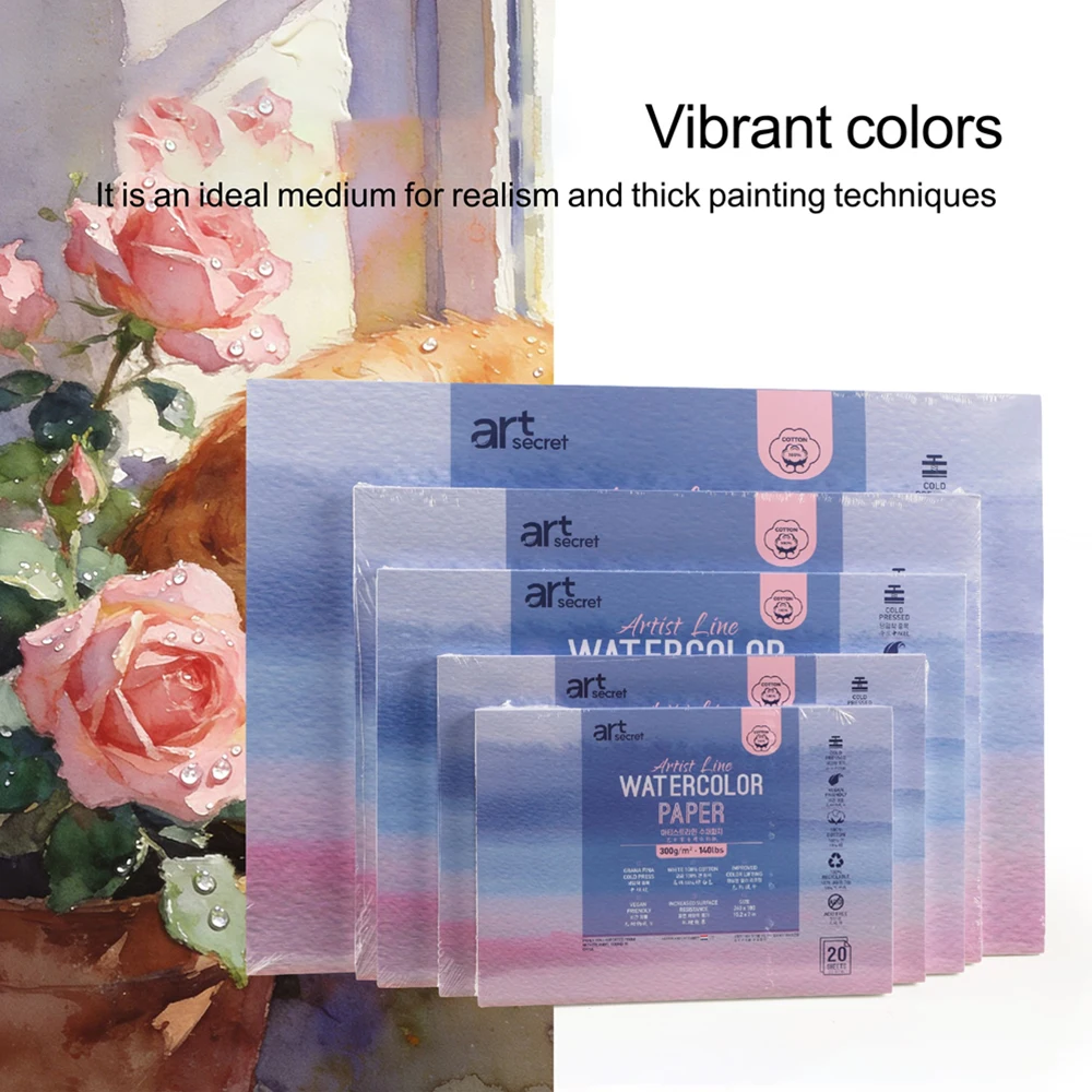 Artsecret 100% 면 수채화 용지 300gsm 페인팅용 표면 저항력이 증가한 아트 페이퍼(페인트 브러시 1개 포함)
