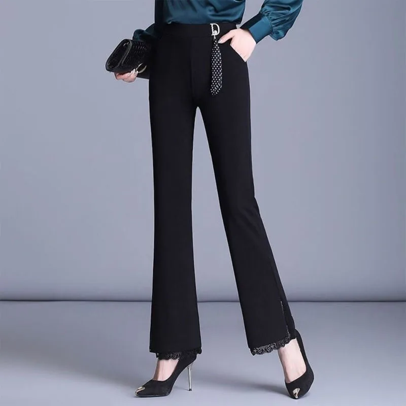 Office Lady Elastic High Waist Solid Color Flare Pants Women's Clothing Fashion All-match Lace Spliced Slim Trousers for Female