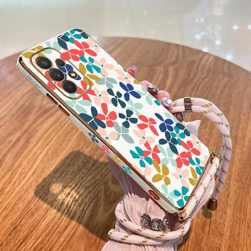 

Forest Of Flowers Lanyard Plating Phone Case For Samsung Galaxy A54 A72 A53 A52 A52S A04S 34 A24 A73 A71 A04E A72 Cover