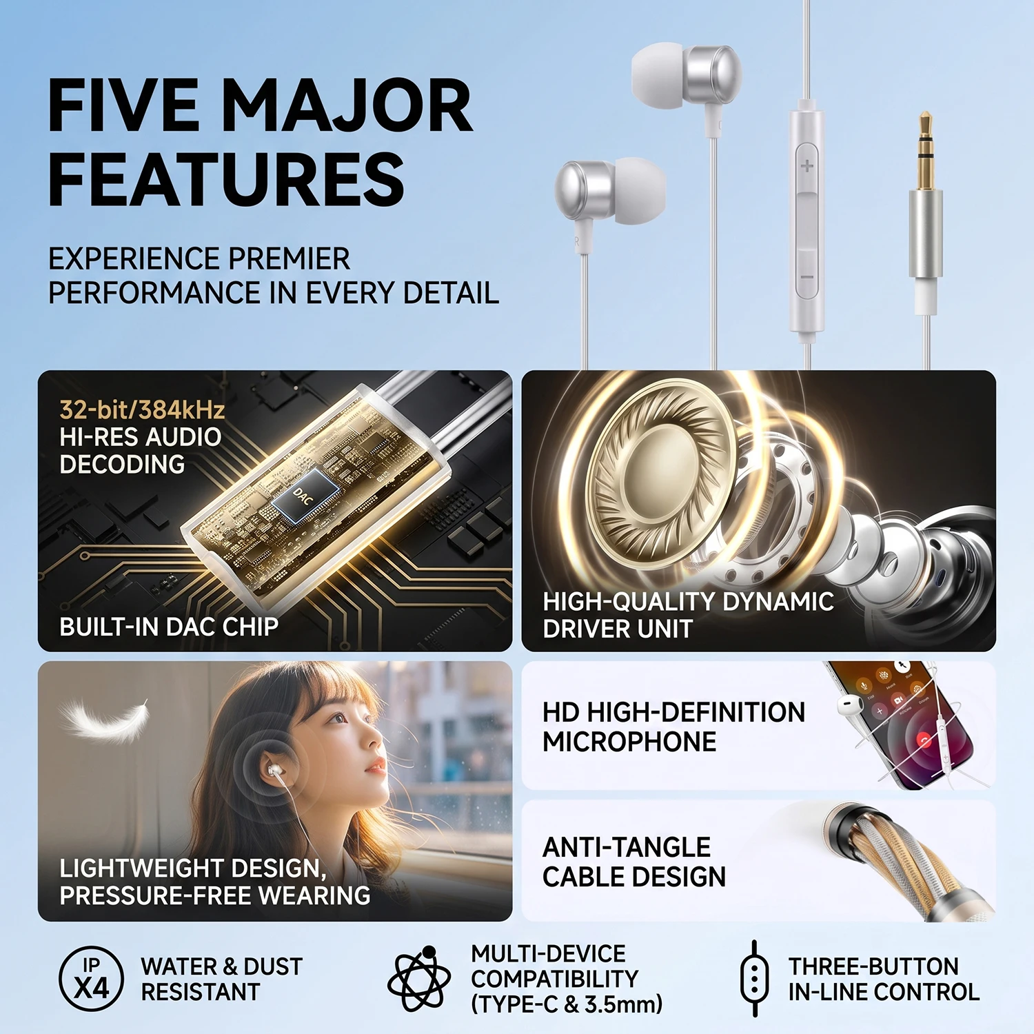 High-Fidelity USB Type C Wired Headphones with Stereo Sound, Bass Boost, and In-Line Mic