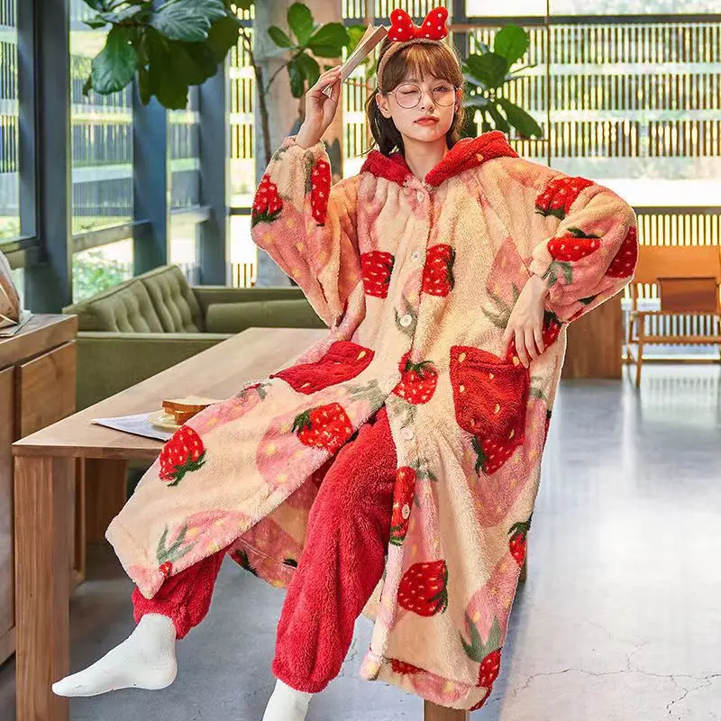 Hooded Women's Bathrobe Flannel Robe Sets Thick Dressing Gown Winter Cartoon Plush Pajamas Set Sweet Nightgown With Pants Nighty