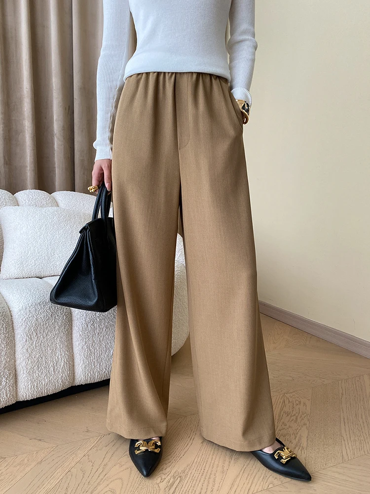 

High Elastic Waist Khaki Brief Long Wide Leg Pants New Loose Fit Trousers Women Fashion Tide Spring Autumn X722