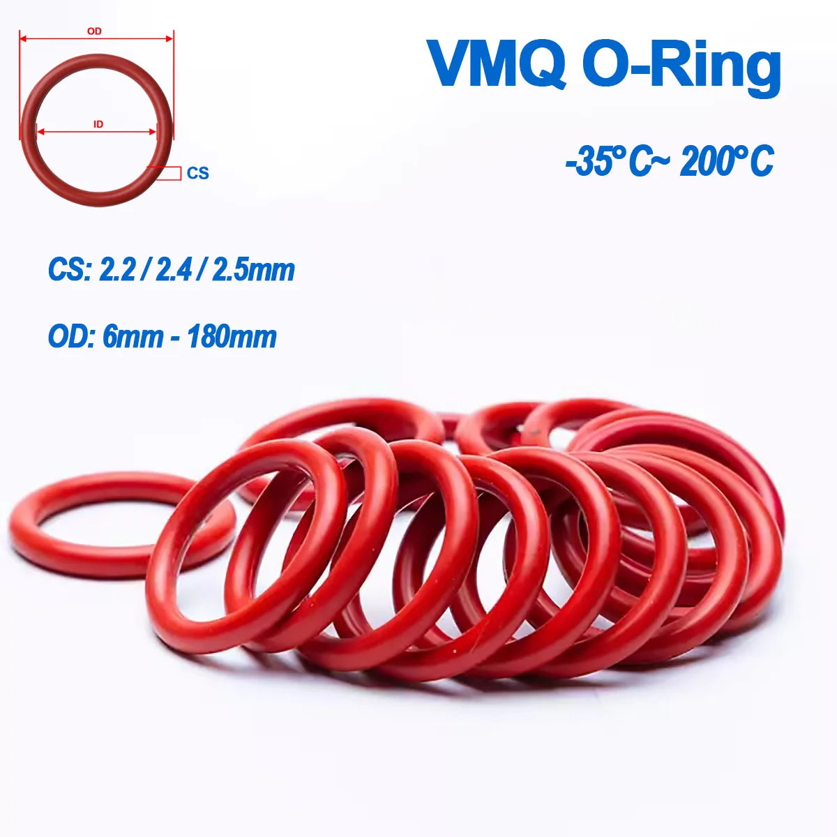 

CS 2.4mm 2.5mm Red Silicone O-Ring VMQ Food Grade Sealing Ring Gasket Washer OD 6 - 180mm Waterproof Heat-Resistant Insulated