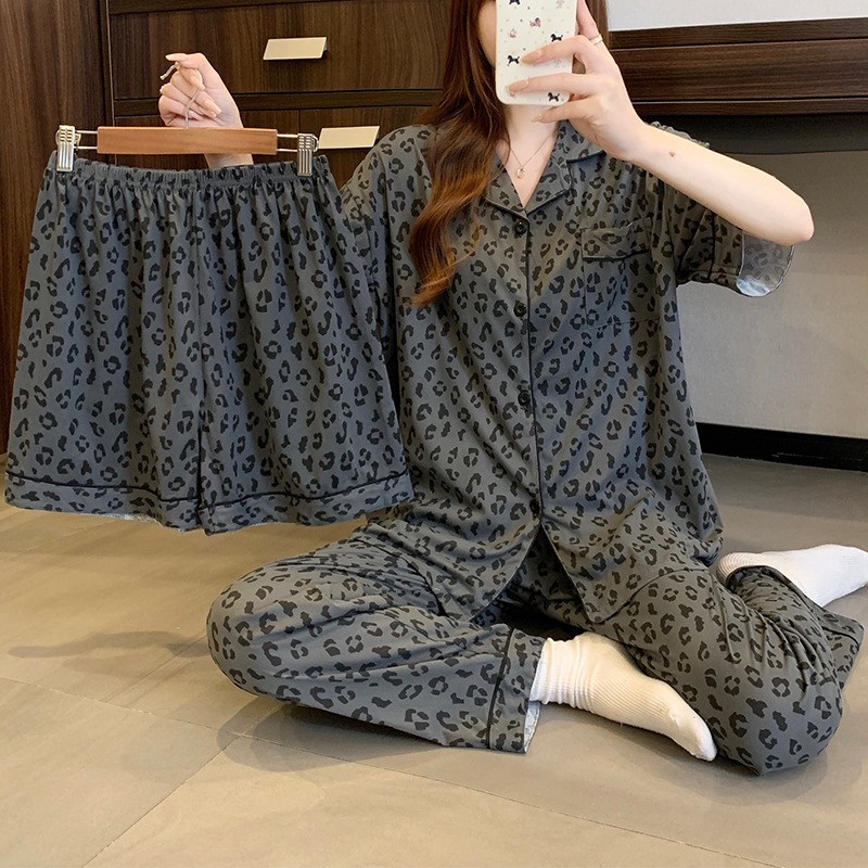 Simple leopard print women's pajamas spring and autumn season new short-sleeved shorts pants girls homewear three-piece set