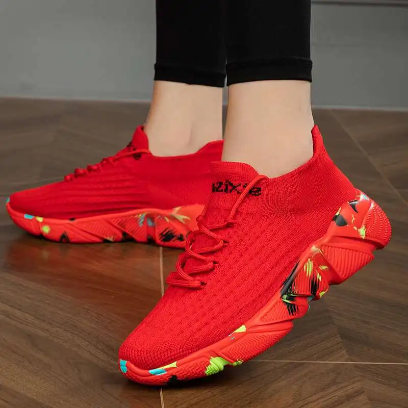 MWY Chinese Red Women's Summer Footwear Men Sports Shoes Casual Sneaker Breathable Lightweight Sock Shoes Zapatillas Size 35-46