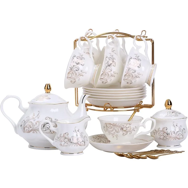 

22-Pieces Porcelain Bone china Tea Sets,Gold Rim Coffee Set with Golden Metal Rack,Cups,Saucers,Spoons,Teapot,Sugar