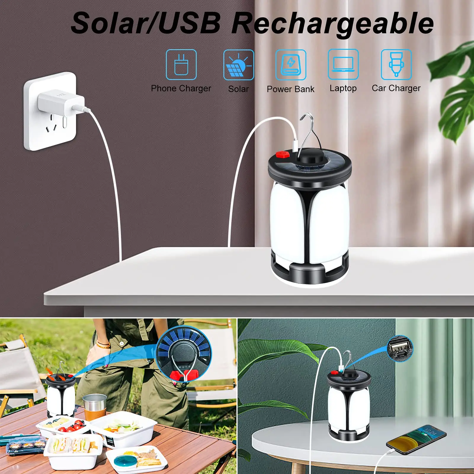 High Power Solar LED Camping Lantern Rechargeable 4500mAh 1000LM Emergency Power Bank Foldable 6 Light Modes for Camping Fishing