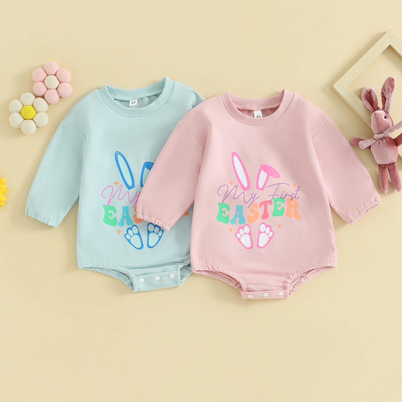 

Infant Girl Cute Easter Day Jumpsuit Bunny Ear&Letter Print Long Sleeve Round Neck Romper Spring Baby Rabbit Bodysuits Outfits