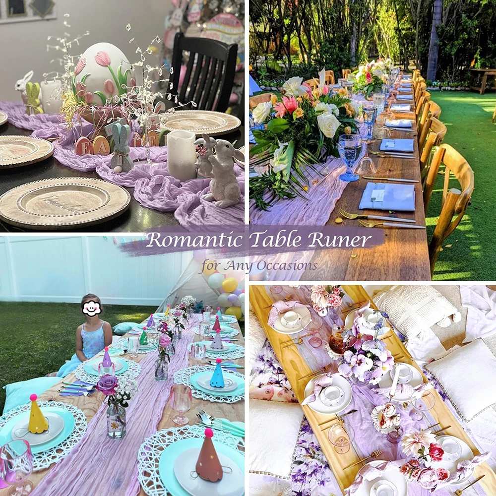 Lilac Purple Boho Rustic Gauze Table Runner for Wedding and Event Decoration