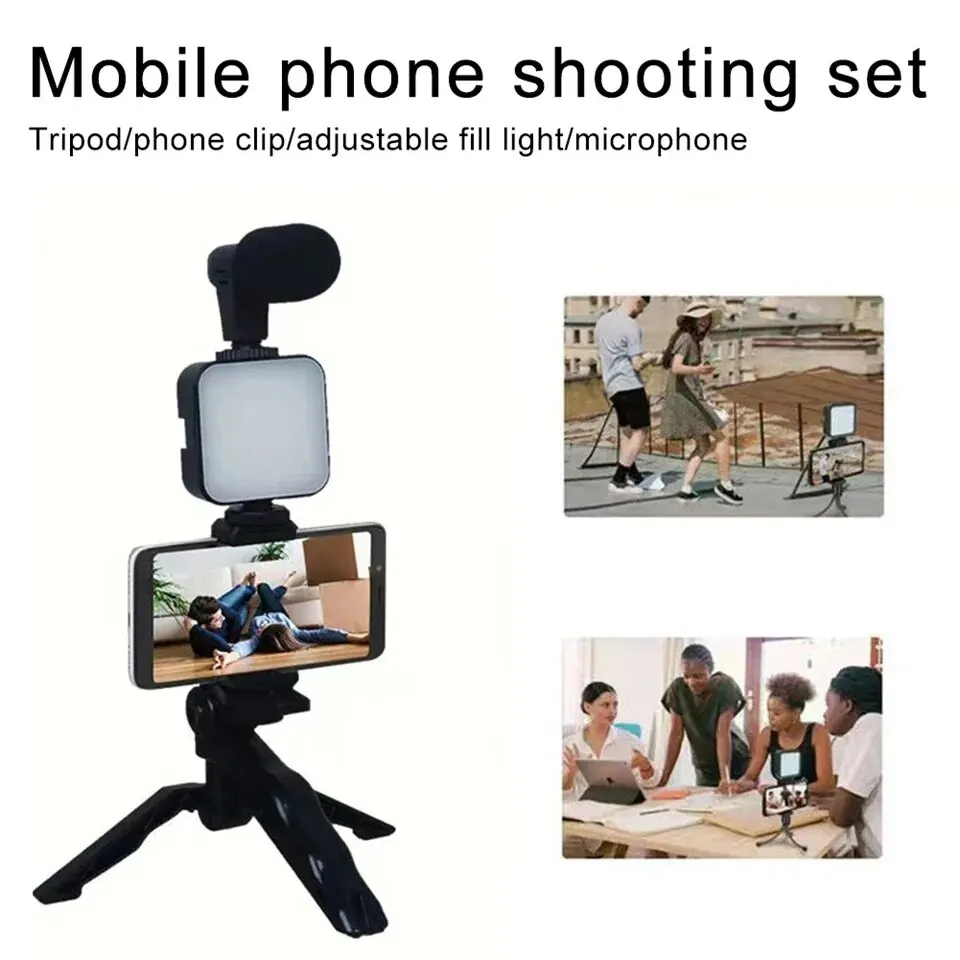 S694b0bea283d4614ae1b9826541e6f0bz Smartphone Vlogging Kit With Tripod Phone Holder Mini Microphone LED Fill Light Starter For TikTok Live Stream Video YouTube Mallzona