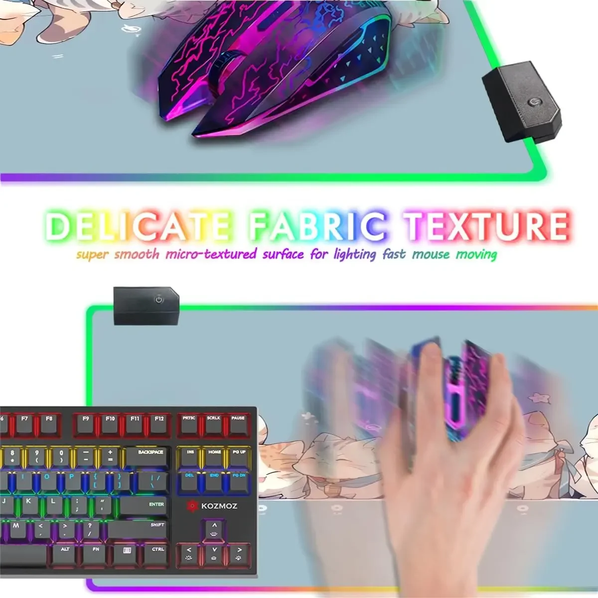 Anime Blue RGB Gaming Mouse Pad Large LED Light Desk Mat Non-Slip Base Laptop Mat Cute Animal Cats Mousepad Big Computer