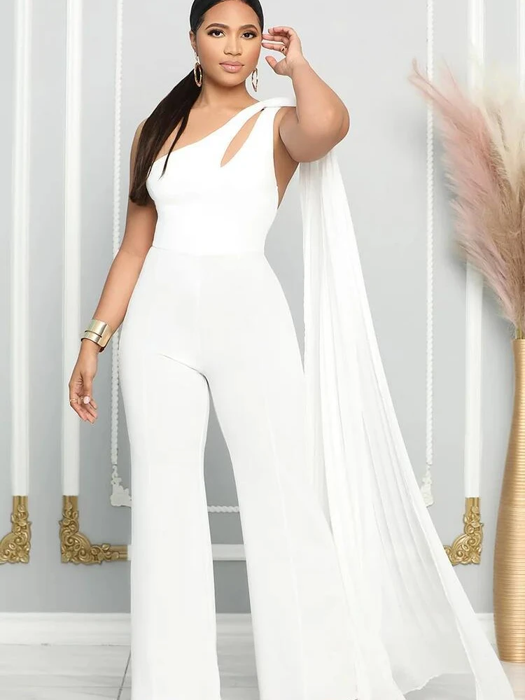

White Jumpsuits One Shoulder High Waist Wild Leg Pants Evening Birthday Cocktail Party Bodycon Rompers Large Size Overalls