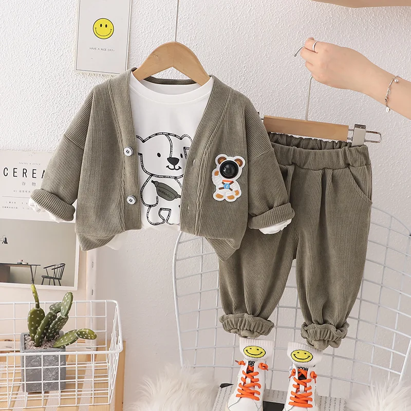 

Kids Clothes 2023 Spring Autumn Casual Long Sleeve Cardigan Coats White T-shirts Pants Baby Boy 3 Piece Outfit 2 Years Old Suits