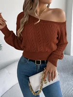Autumn and Winter Casual Elegant Slash Neck Off shoulder Long Sleeved Knitted Pullover Sweater for Women - Image 5