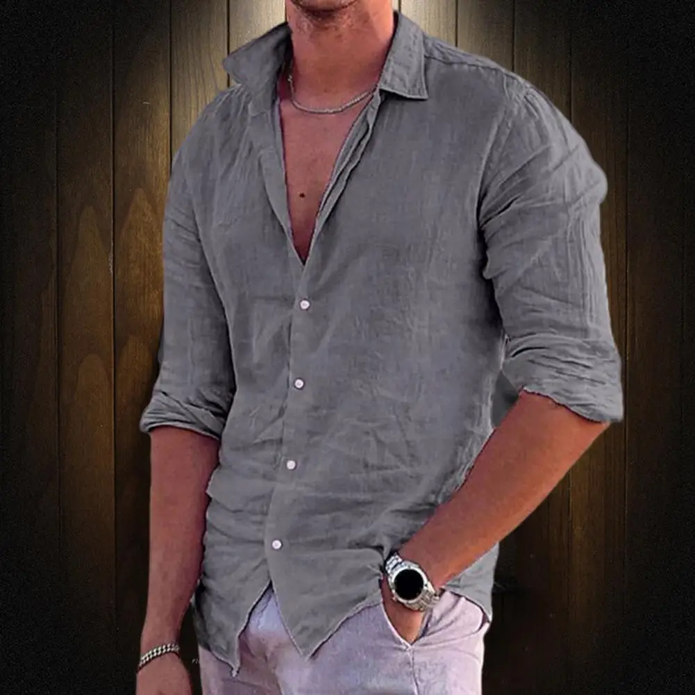 

Мужская однобортная рубашка средней длины, Повседневная Мягкая тонкая Однотонная рубашка из тонкой ткани с V-образным вырезом и длинными рукавами, осень