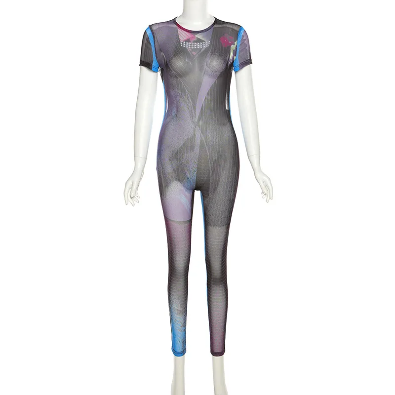 BKLD 2023 Spring Summer Women Clothing New Fashion Printed Mesh Breathable Short Sleeve Backless Bodycon Jumpsuit One Pieces
