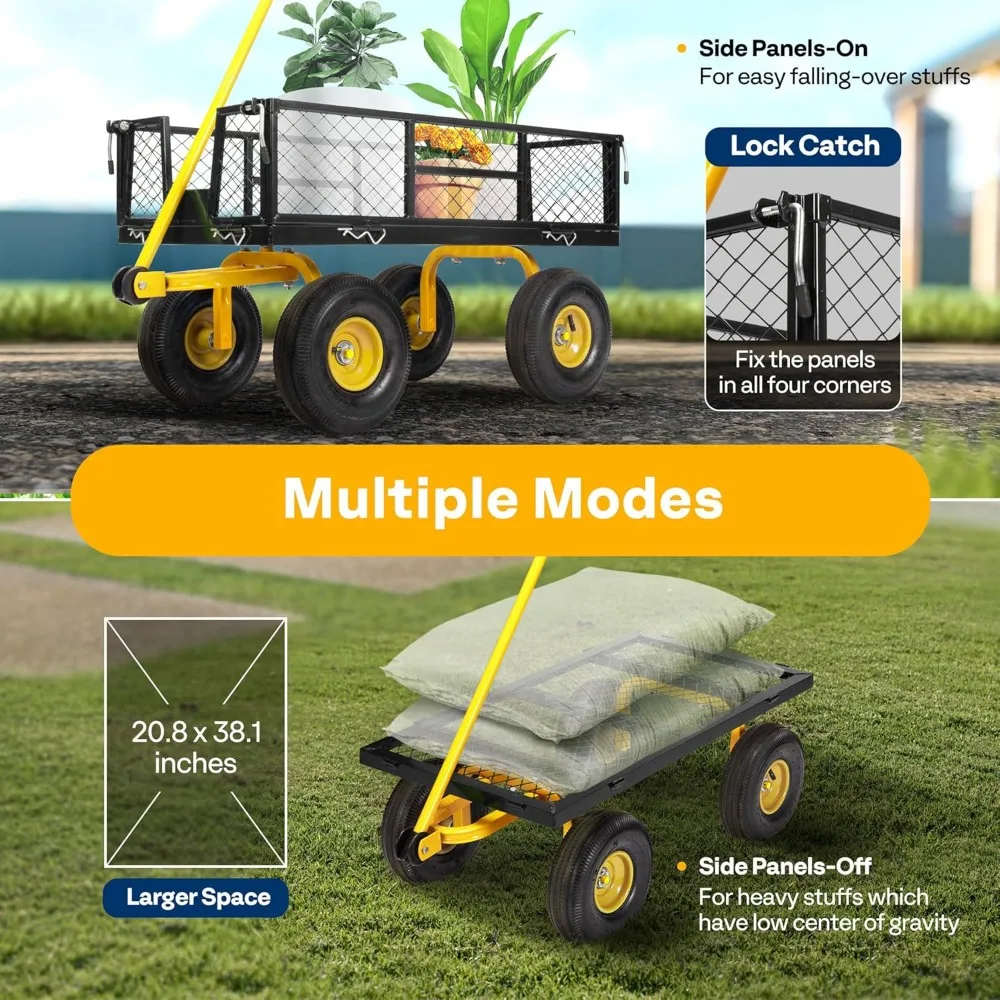 Heavy Duty 880 lb Capacity Mesh Steel Garden Cart with Removable Sides and 4.10/3.50-4" Wheels 10" Tires (Black)