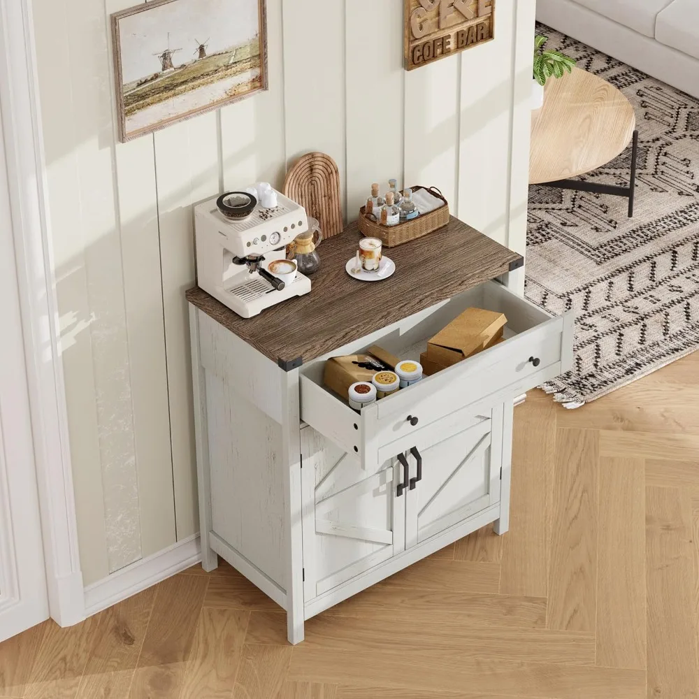 Farmhouse Kitchen Storage Cabinet with Drawer, White Coffee Bar Sideboard for Living Room