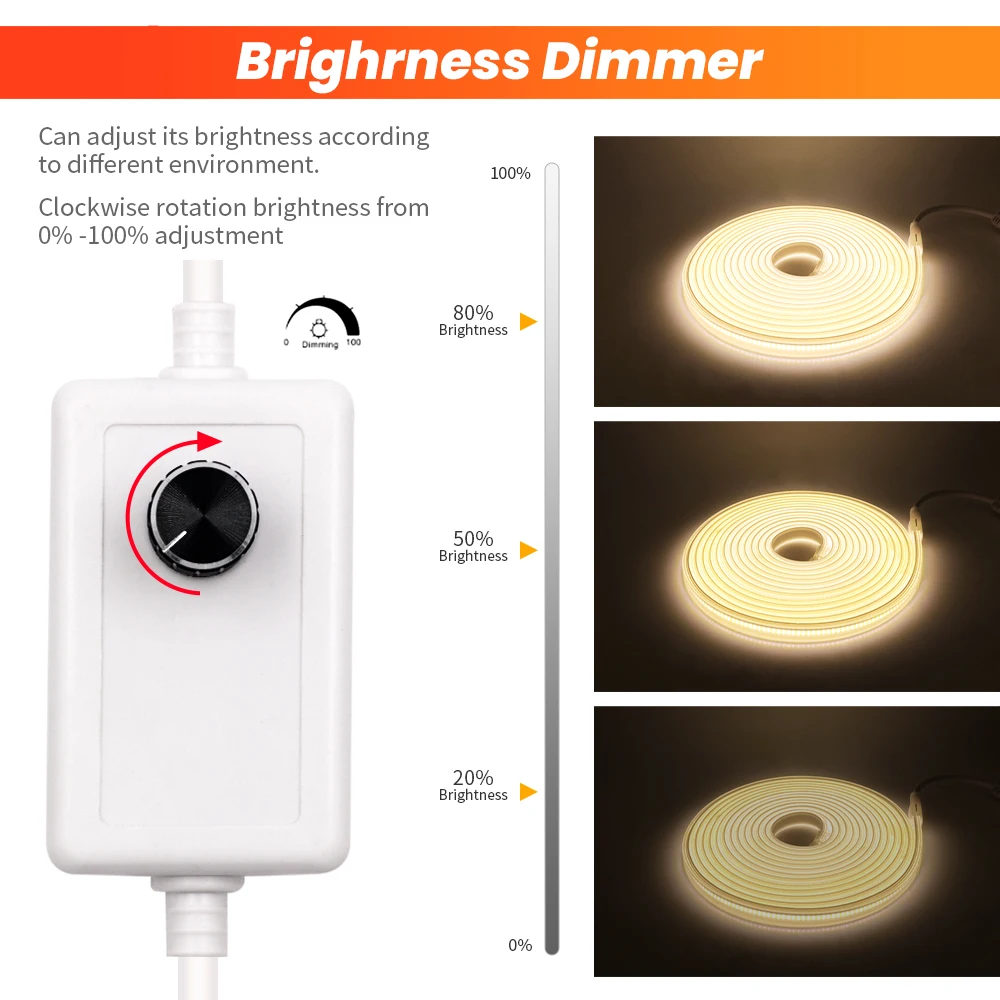 COB Light Brightness Adjustable LED Dimmer Switch with EU Plug For 220V 288/360Led COB Strip Light Power Supply Adapter