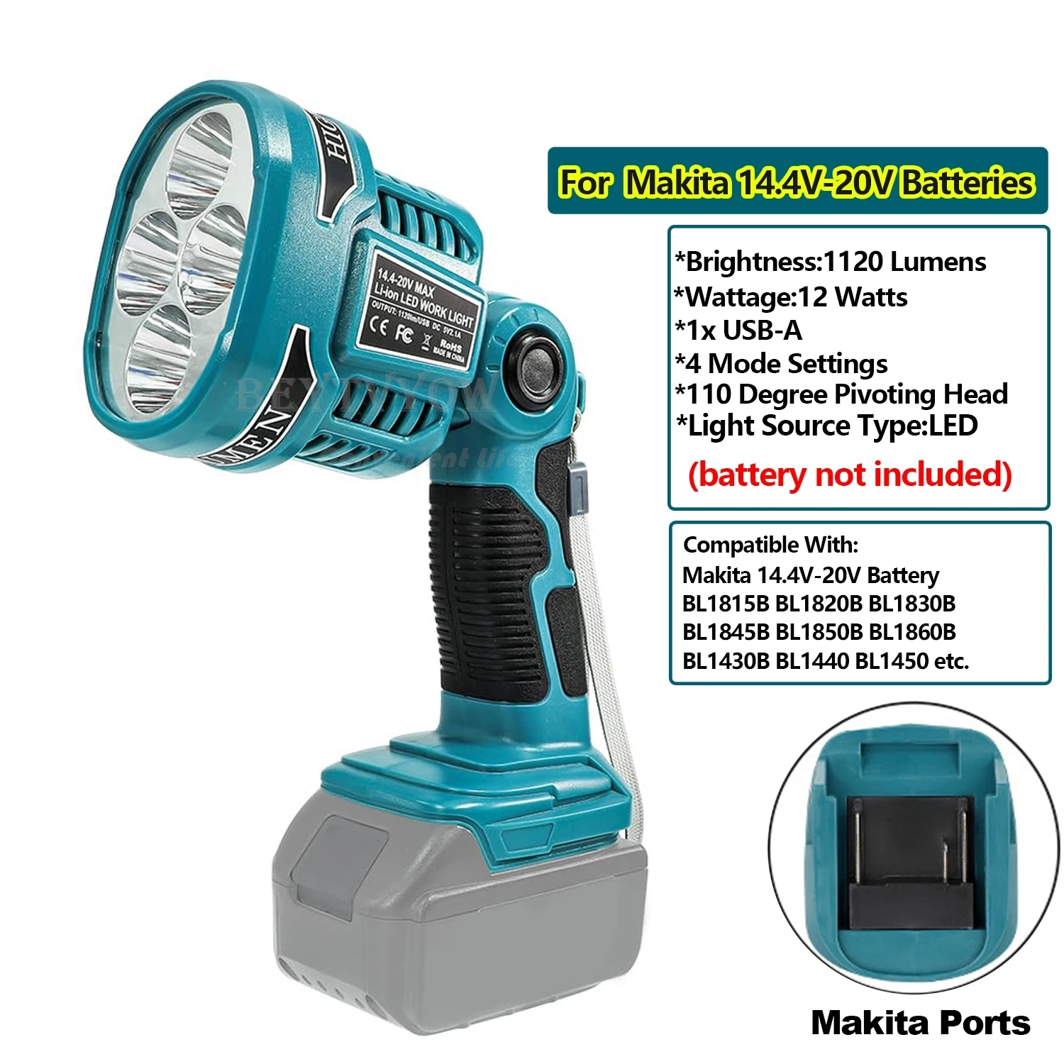 1120LM Portable Flashlight Compatible with Makita 18V Battery Jobsite LED Work L