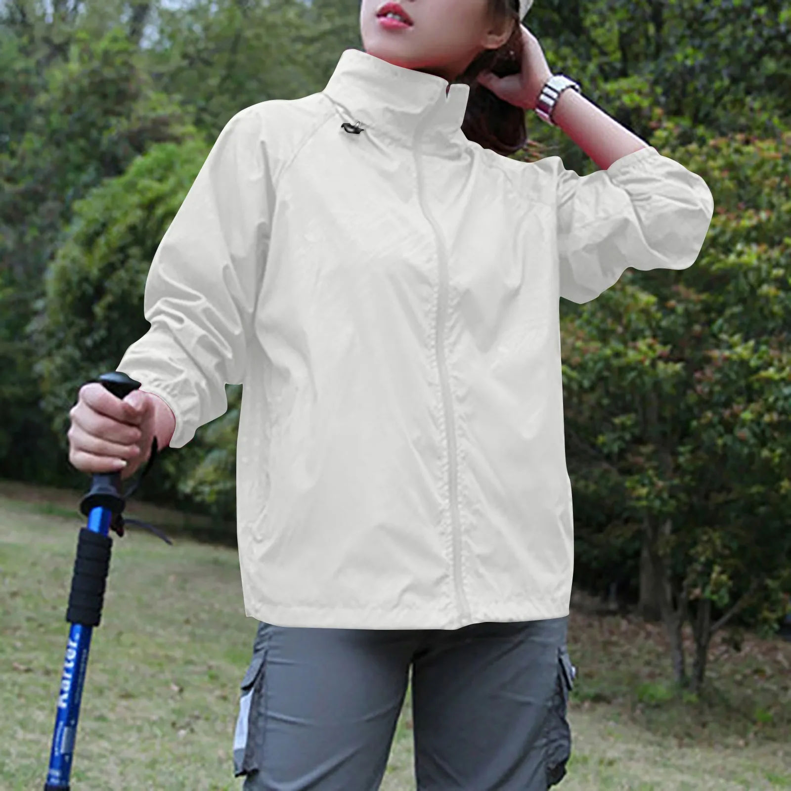 Fashionable solid-colored hooded waterproof windbreaker jacket for outdoor sports, climbing, and casual wear. white 01254
