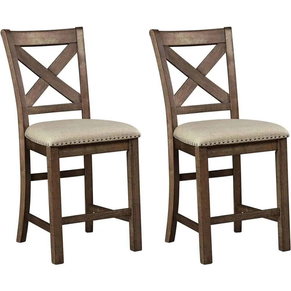 

Dining Chairs Rustic Farmhouse 24.5" Upholstered Barstool, 2 Count, Beige & Brown Kitchen Chair