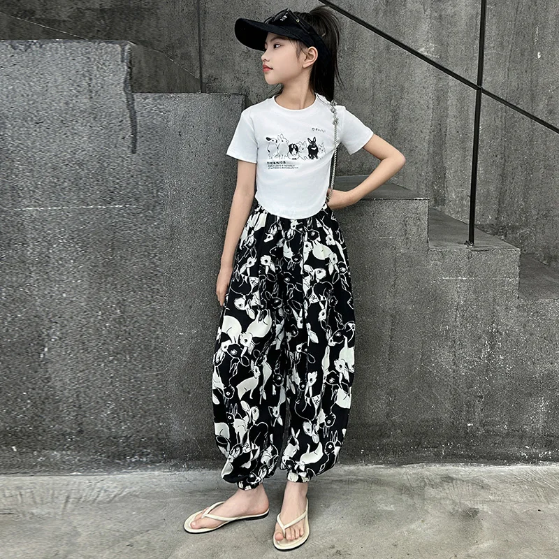 Baby Girls Clothes Summer Outfits Rabbit Printed Slim Short T-shirts Loose Sweat pants 5 6 7 8 9 10 11 12 13 Years Children sets