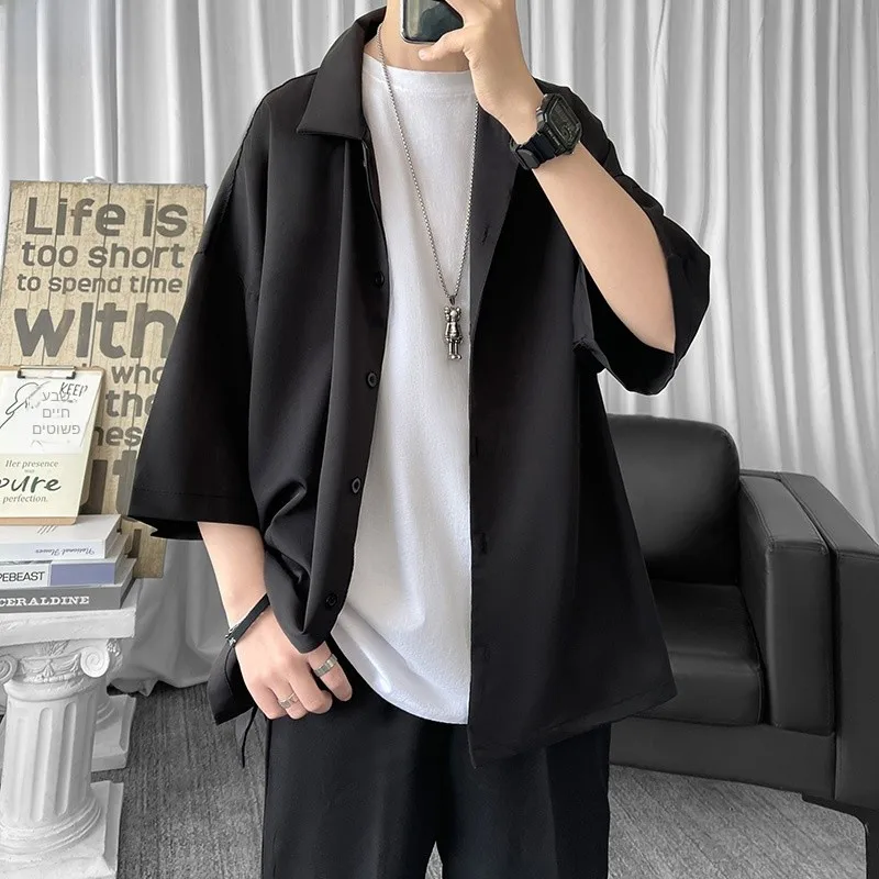 Cuba Collar Ice Silk Seven-Quarter Short Sleeve Shirt Men's Trendy Summer Handsome Dk Uniform High Drop Outerwear Loose Fit Y...