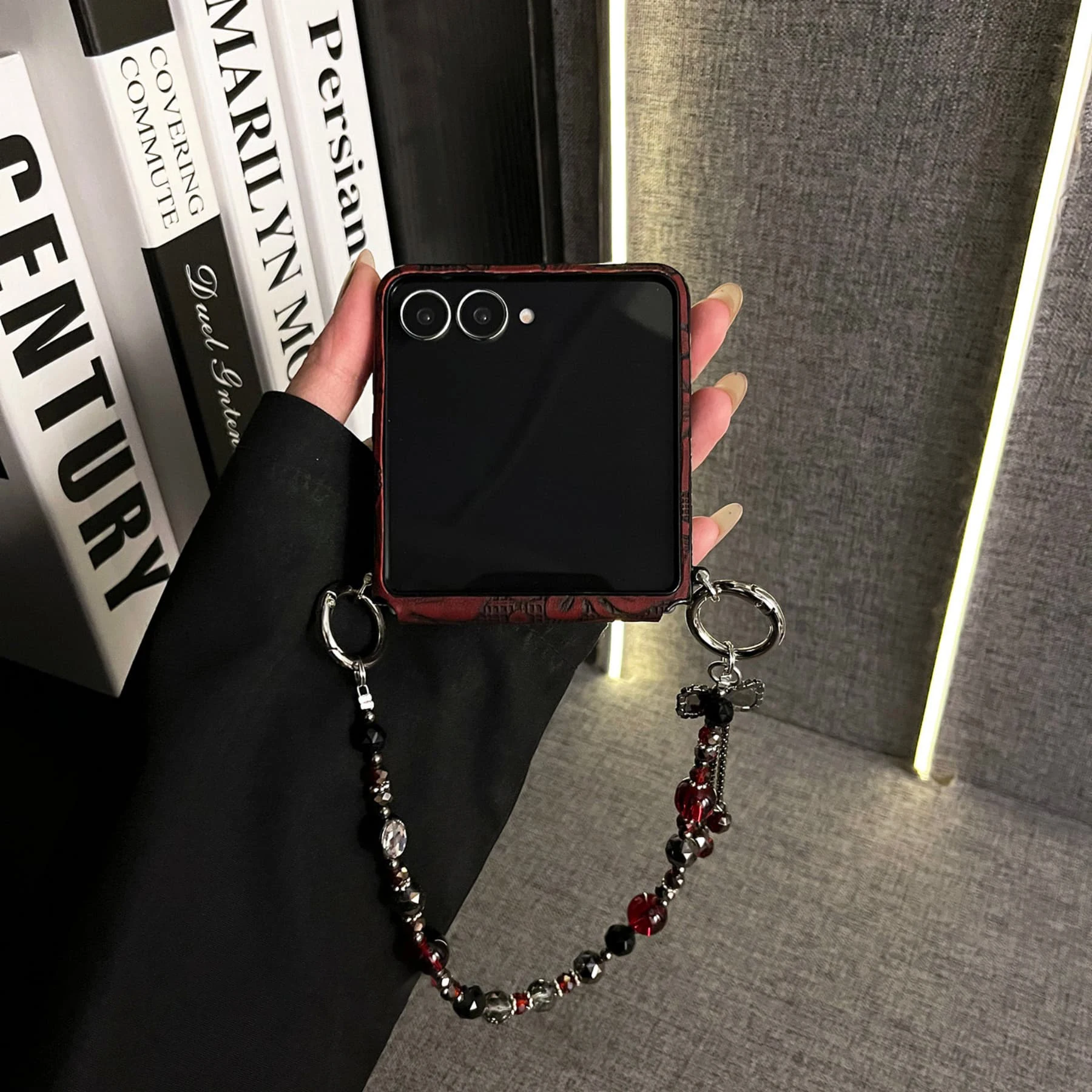 Luxury Dark Red Flower Tassel Crystal Bow Bracelet Phone Case - Stylish Back Cover