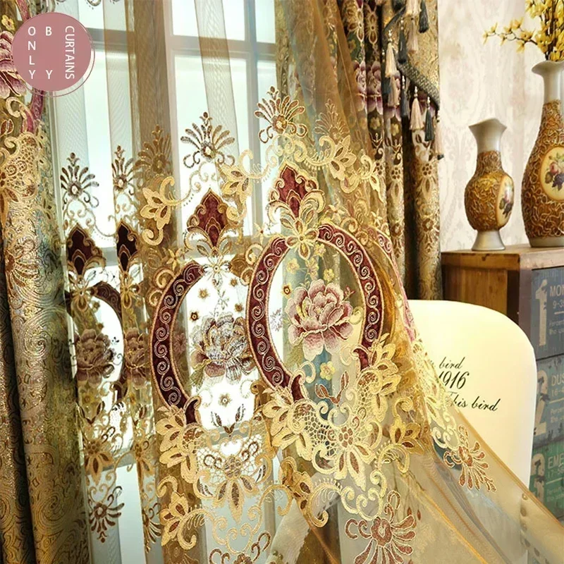 Embroidered Curtains Gold Gilded Embroidered Hollowed Out Velvet Curtains for Living Room Bedroom Partition Curtains Customized Villa Valance Tube