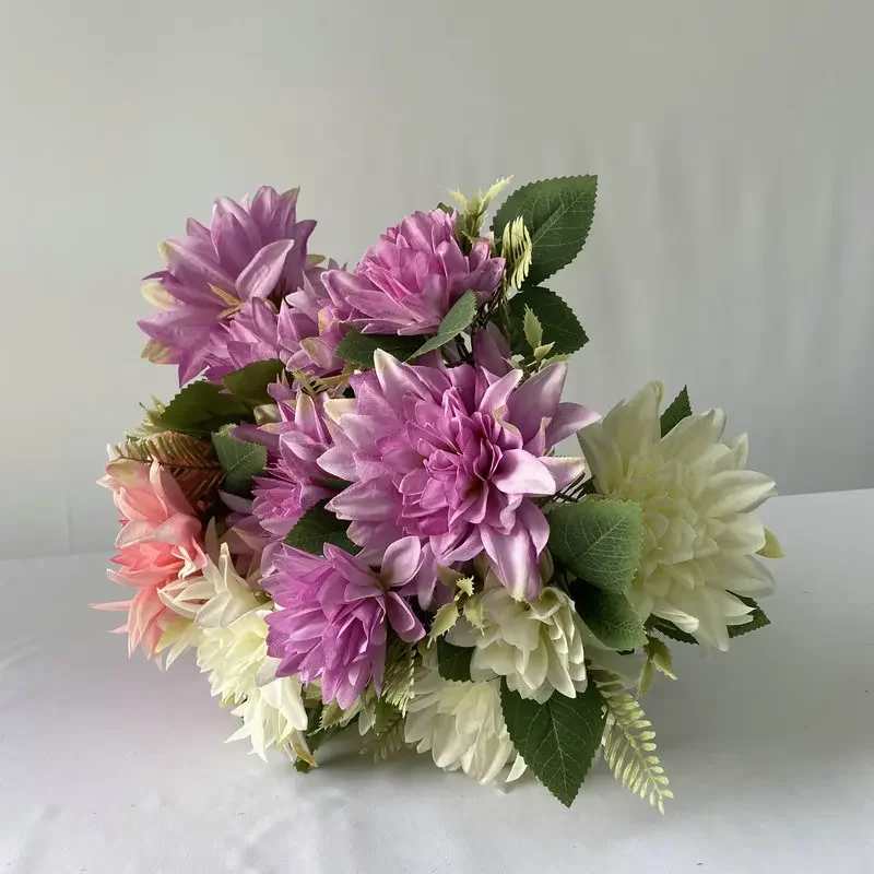 Künstliches Ölgemälde, Dahlie, Seide, künstliche Blumen, Pflanzengarten, dekorativer 7-Kopf-Dahlias-Blumenstrauß, rote Blume, Hoteldekoration