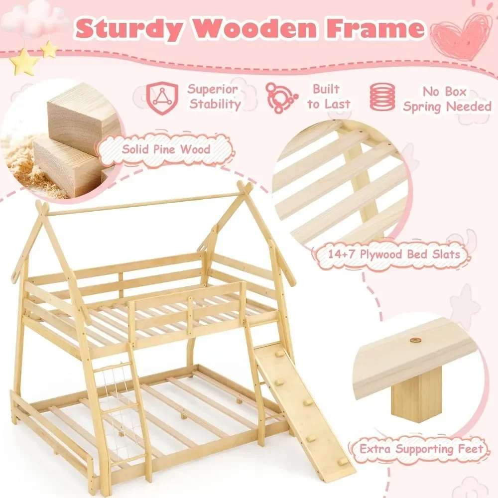 Wood Twin Over Queen House Bunk Bed, Playhouse Floor Low Bunk Bed with Climbing Nets & Ramp,Not Box Spring Required (Natural) 6