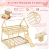 Wood Twin Over Queen House Bunk Bed, Playhouse Floor Low Bunk Bed with Climbing Nets & Ramp,Not Box Spring Required (Natural) 6