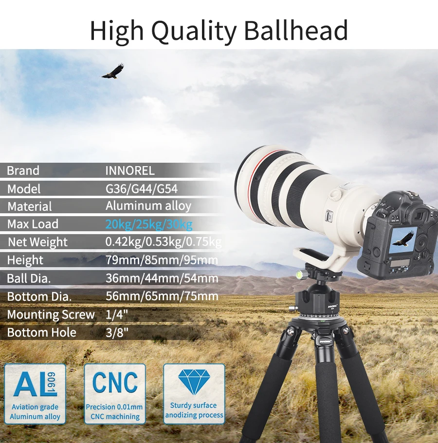 G54/G44/G36 Professional Tripod Head Low Center Gravity Panoramic Ball Head Doub