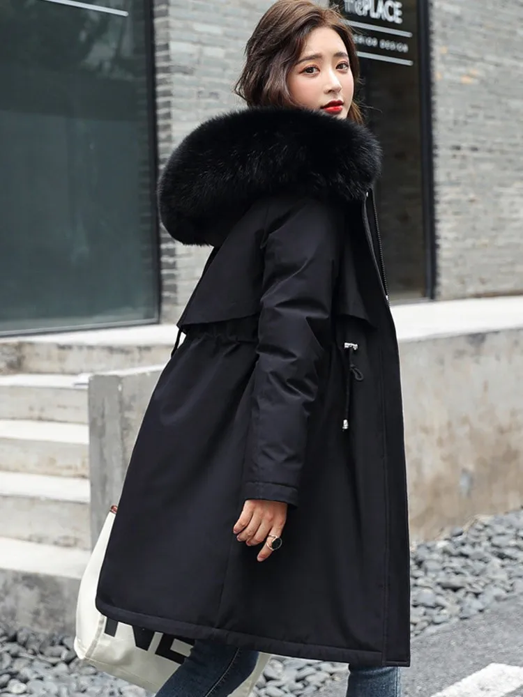 Chaqueta de invierno con capucha para Parka larga negra, abrigo holgado y cálido, Abrigo de algodón para Mujer - Ropa de mujer