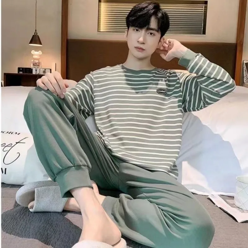 Men Pajamas Spring Autumn Cotton Long Sleeve Youth Large Size Nightclothes Male Round Collar Casual Simple Homewear Suit 2024