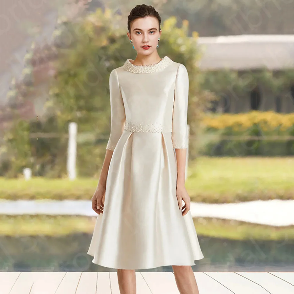 

Classic On Sale Cream Mother of the Bride Dresses Short Knee Length High Collar Wedding Guest Gowns 3/4 Sleeves