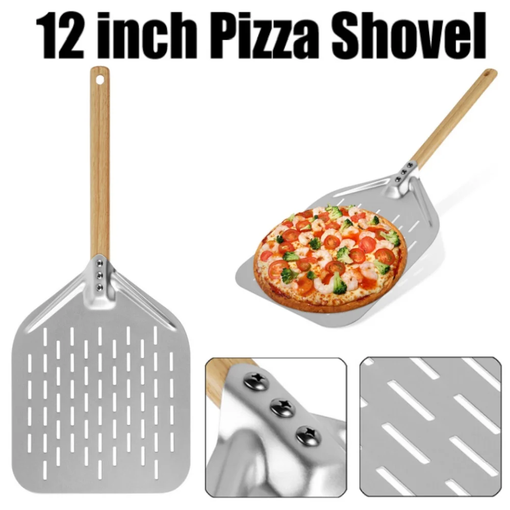 

Лопатка для пиццы из алюминиевого сплава, 12 дюймов, с длинной ручкой, антипригарная перфорированная лопатка для пиццы, легкая лопатка для пиццы